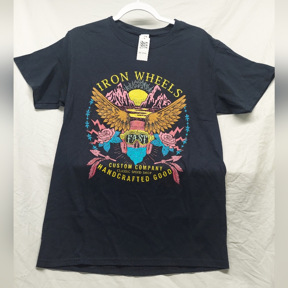 Iron Wheels Custom Company Graphic Black T-Shirt Men’s Small Harley Y2K NWT